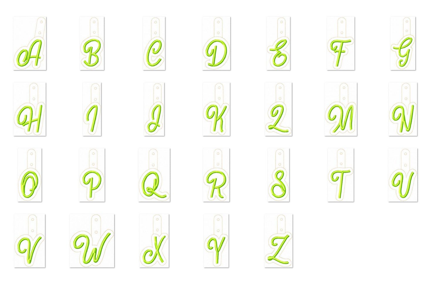 Key fob snap tab Monogram script initial letters from A up to Z in the hoop ITH keyfob bag tag keychain machine embroidery designs