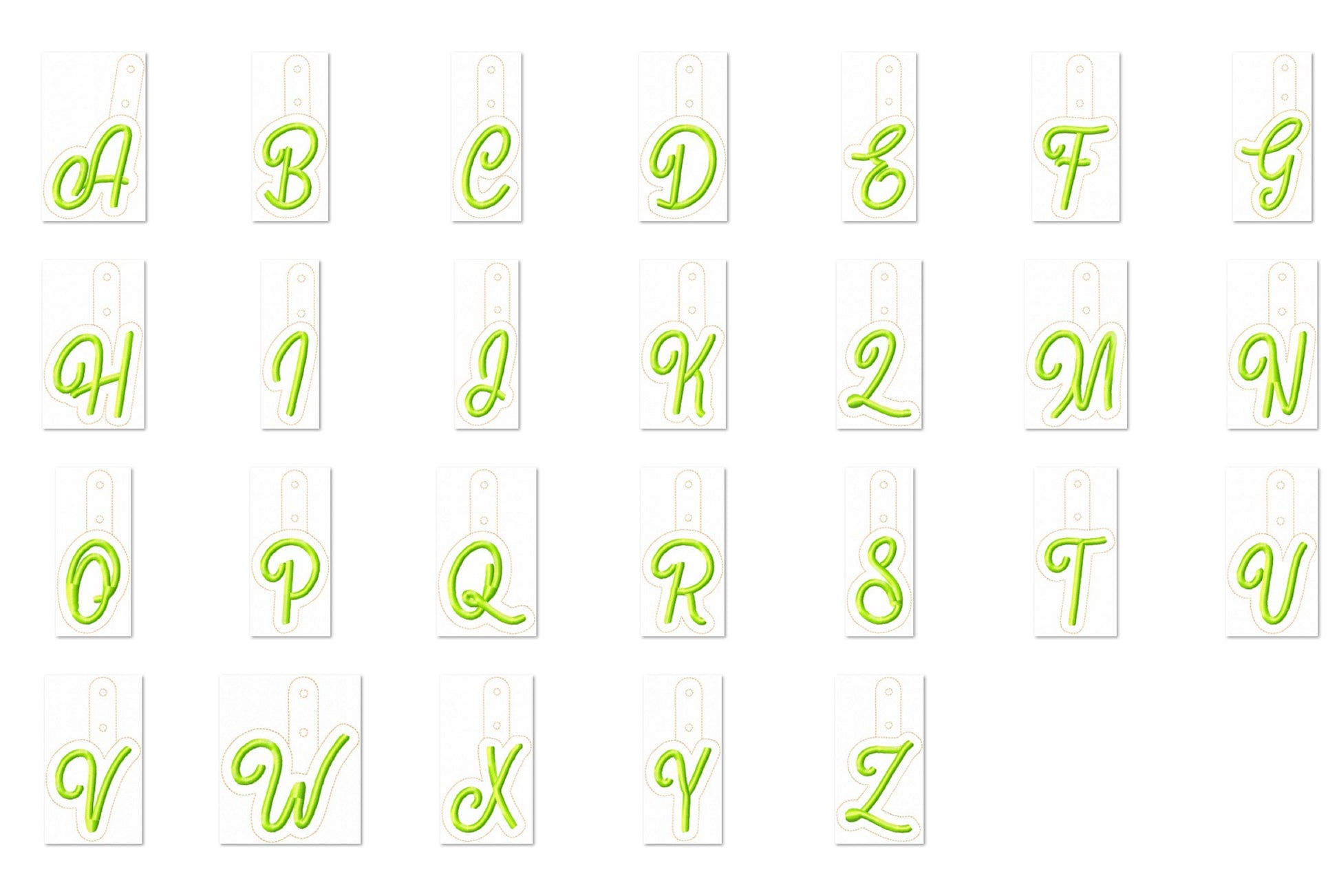 Key fob snap tab Monogram script initial letters from A up to Z in the hoop ITH keyfob bag tag keychain machine embroidery designs