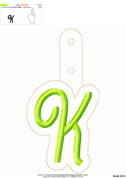 Key fob snap tab Monogram script initial letters from A up to Z in the hoop ITH keyfob bag tag keychain machine embroidery designs