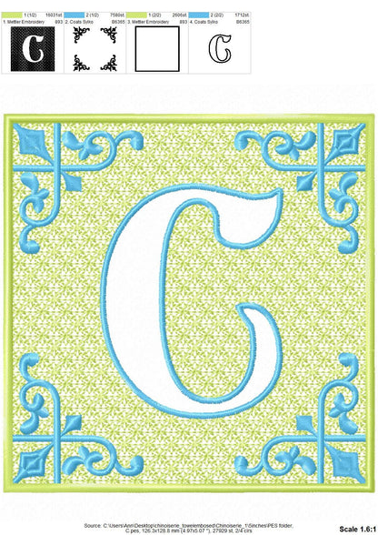 Chinoiseries Embossed Monogram – Alphabet machine embroidery design by Artapli