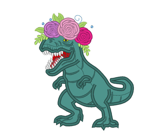 Floral girly Realistic T-rex Dinosaur Applique machine embroidery designs in assorted sizes for hoop 4x4 5x7 6x10 Jurassic World dino girl