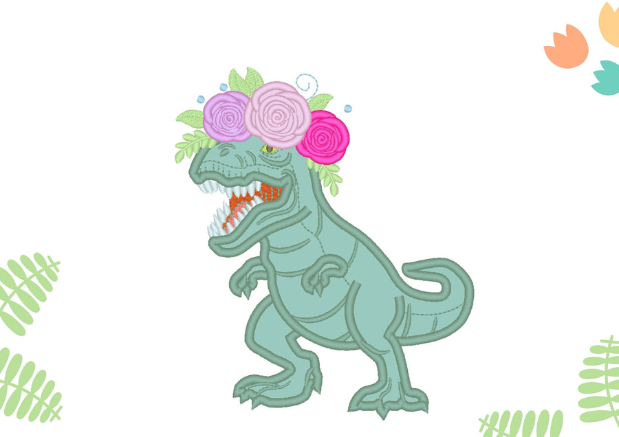 Floral girly Realistic T-rex Dinosaur Applique machine embroidery designs in assorted sizes for hoop 4x4 5x7 6x10 Jurassic World dino girl