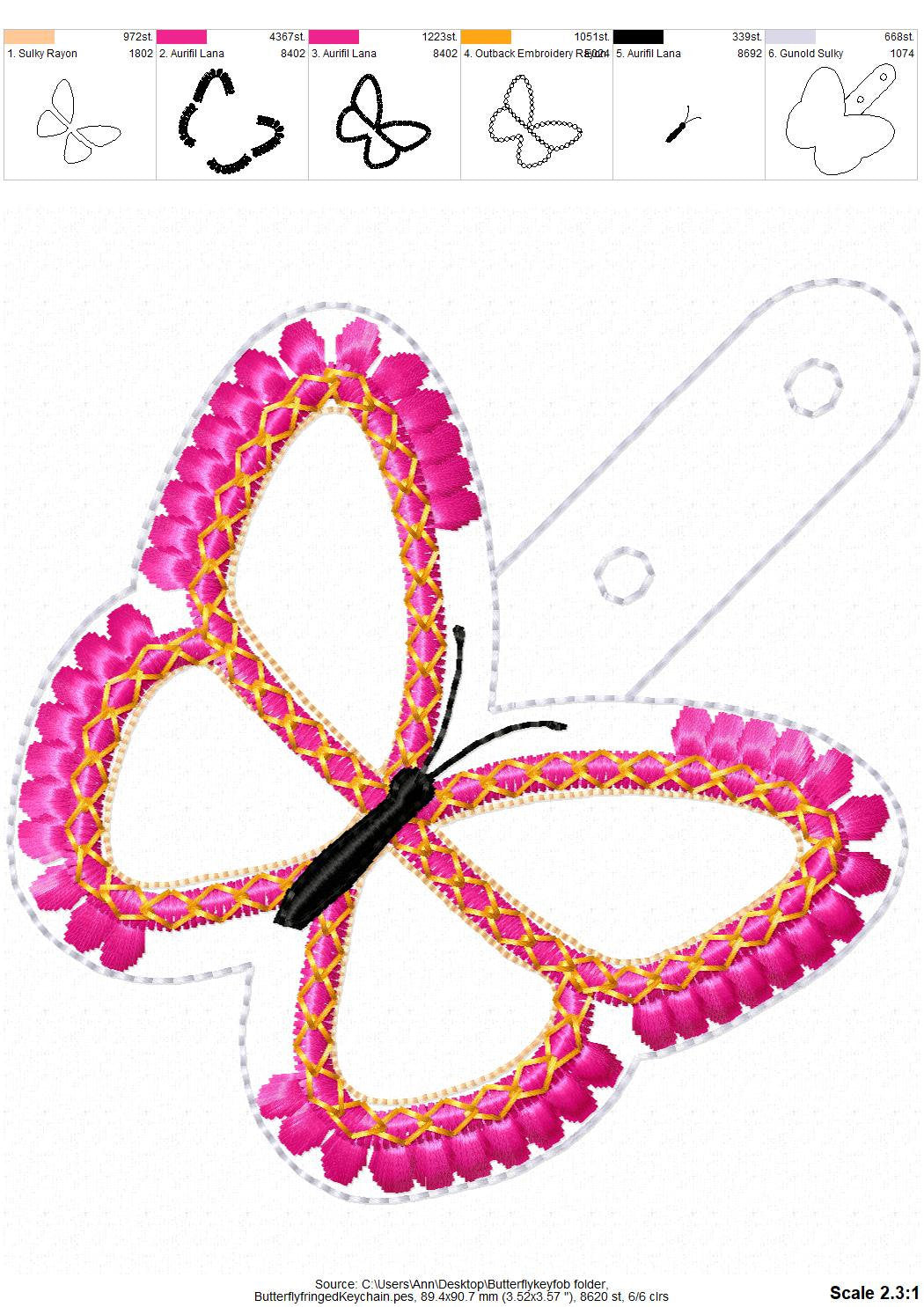 Fringed Butterfly key fob snap tab in the hoop ITH machine embroidery designs for hoop 4x4, Butterfly keyring, keychain summer gift idea