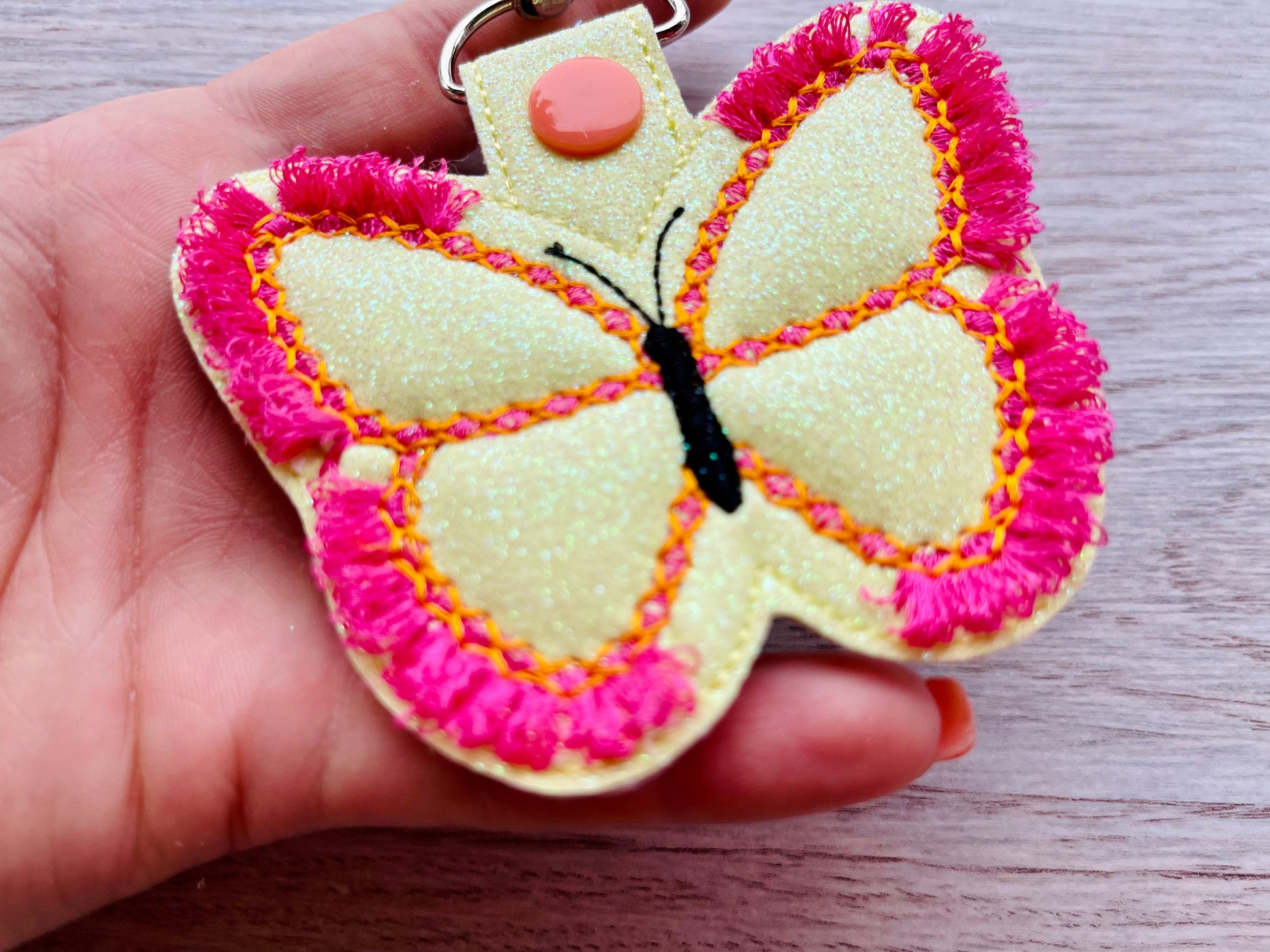 Fringed Butterfly key fob snap tab in the hoop ITH machine embroidery designs for hoop 4x4, Butterfly keyring, keychain summer gift idea