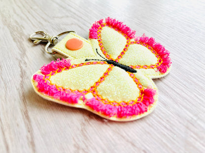Fringed Butterfly key fob snap tab in the hoop ITH machine embroidery designs for hoop 4x4, Butterfly keyring, keychain summer gift idea