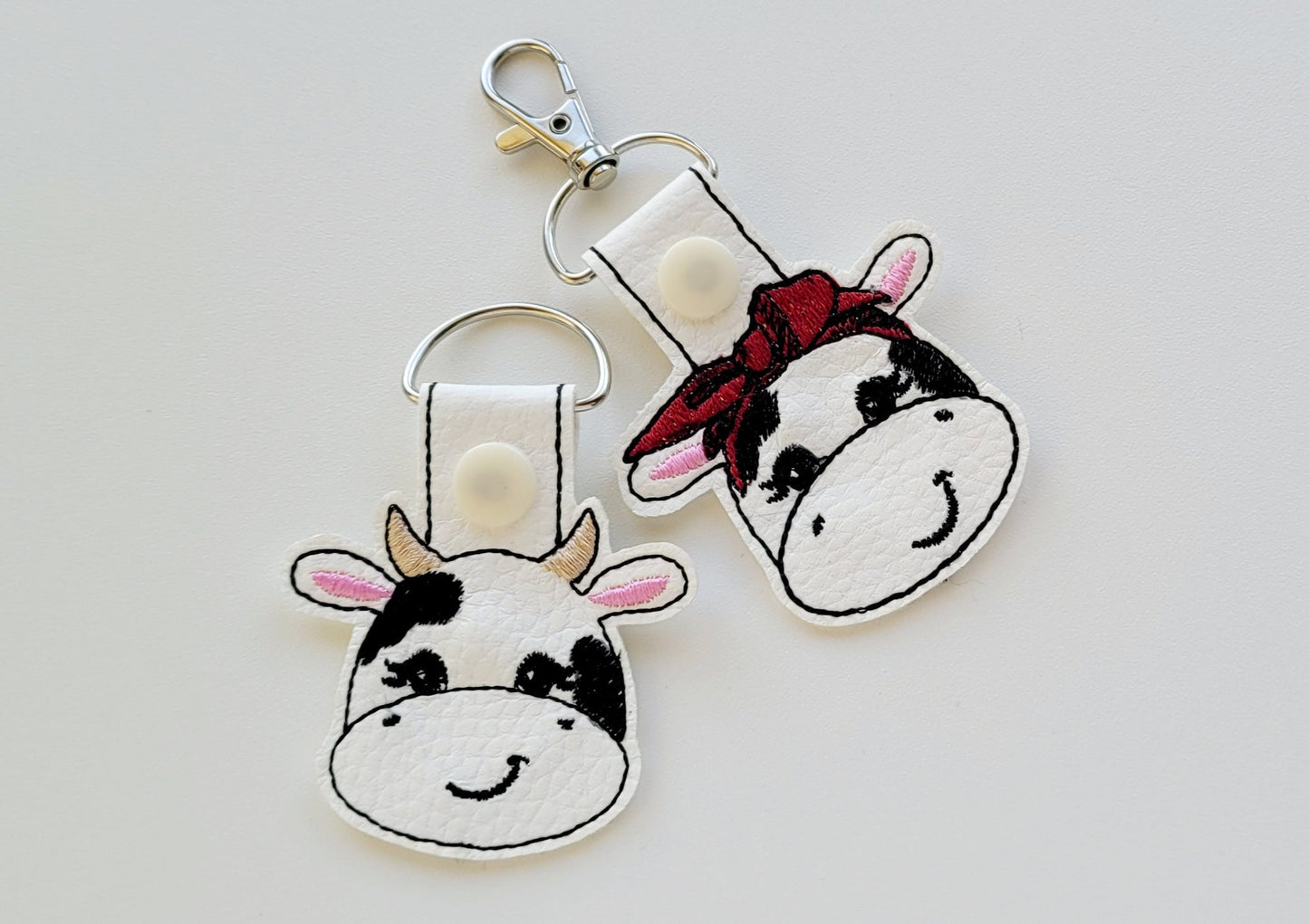 Cow face heifer pretty eyes cow head SET 2 types ITH key fob machine embroidery designs, snap tab keyfob feltie in the hoop embroidery 4x4