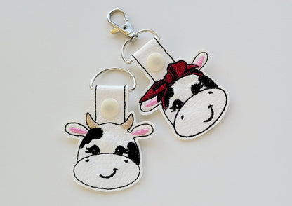 Cow face heifer pretty eyes cow head SET 2 types ITH key fob machine embroidery designs, snap tab keyfob feltie in the hoop embroidery 4x4