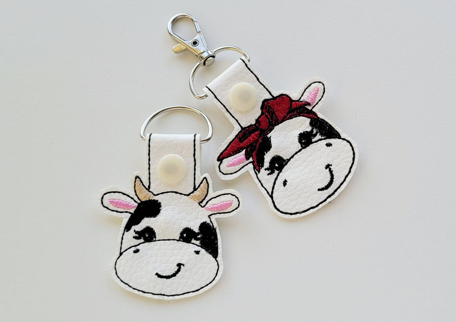 Cow face heifer pretty eyes cow head SET 2 types ITH key fob machine embroidery designs, snap tab keyfob feltie in the hoop embroidery 4x4