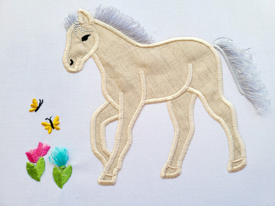 Fringed fluffy hair Horse Applique machine embroidery designs for hoop 4x4, 5x7, 6x10 fringe fur chenille horse hair tulips and butterfly
