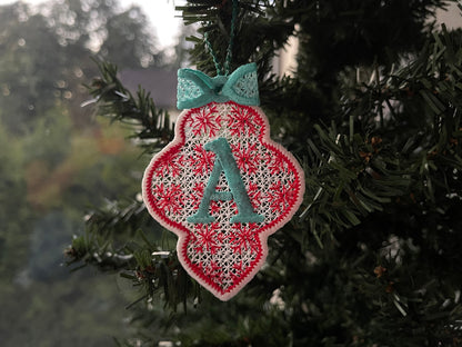 Christmas Alphabet monogram Ornaments and unique hanger bow ribbon FSL free standing lace SET Snowflake machine embroidery designs classic