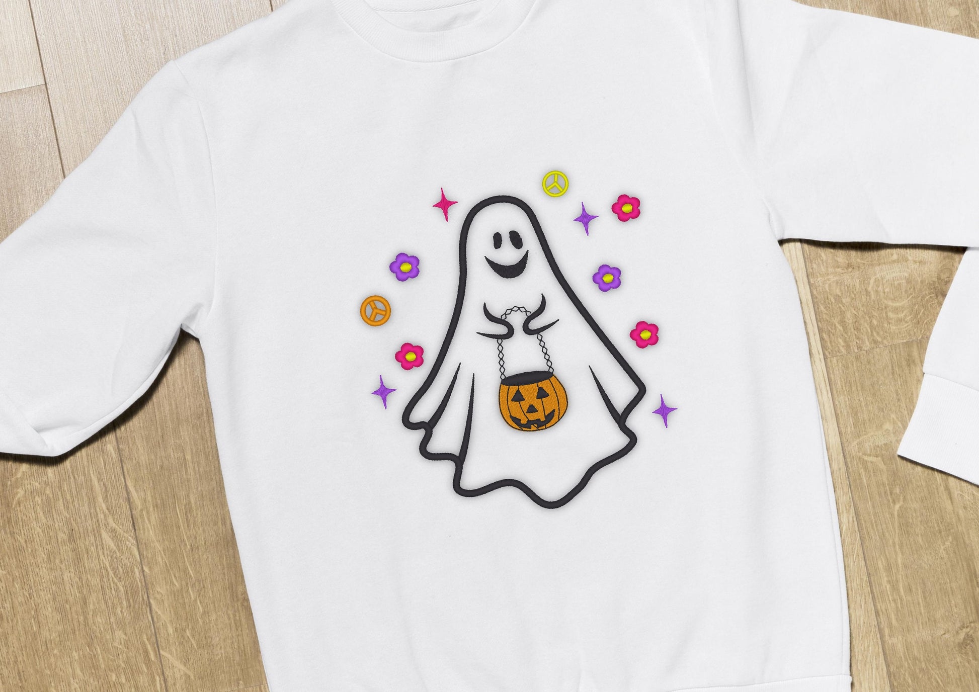 Hippie Halloween groovy Ghost Little boo Applique machine embroidery designs many sizes for hoop 4x4  5x7  6x10 kids cute Ghost Pumpkin