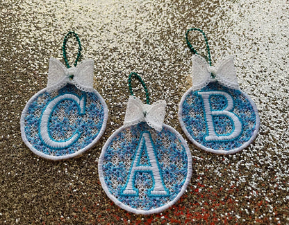 Christmas Alphabet monogram Ornaments and unique hanger bow ribbon FSL free standing lace SET Snowflake machine embroidery designs classic
