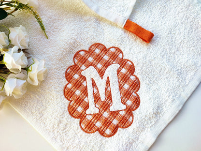Gingham scalloped Monogram in oval shape embossed initial letters A-Z machine embroidery designs Christmas wedding