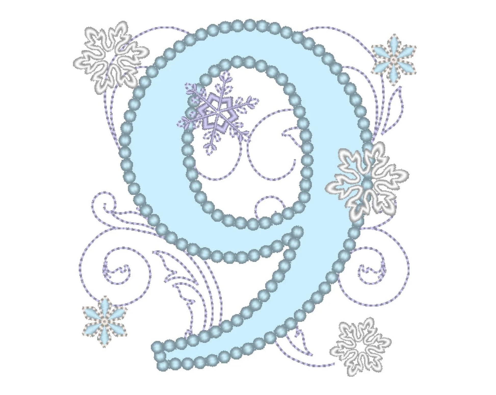 Frozen Swirls Birthday Number 9 with wide pearl Applique Embroidery 4" 5" 7" | PES DST JEF | Artapli
