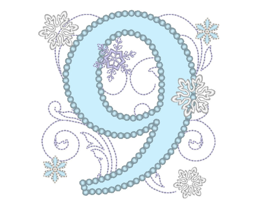 Frozen Swirls Birthday Number 9 with wide pearl Applique Embroidery 4" 5" 7" | PES DST JEF | Artapli
