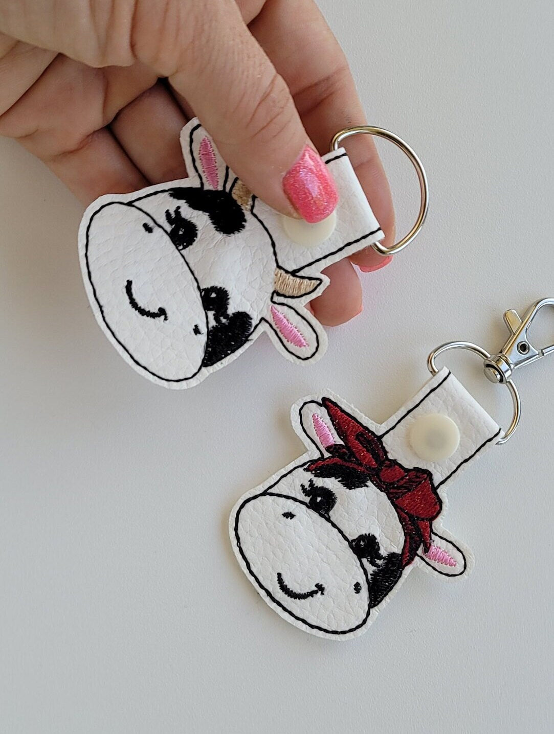 Cow face heifer pretty eyes cow head SET 2 types ITH key fob machine embroidery designs, snap tab keyfob feltie in the hoop embroidery 4x4