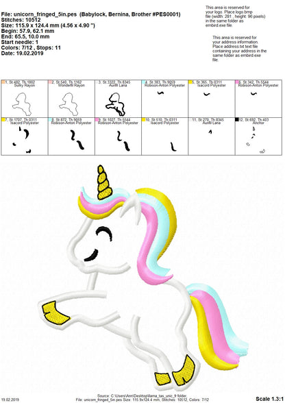 Rainbow unicorn fringed hair and tail – Animal machine embroidery design by Artapli