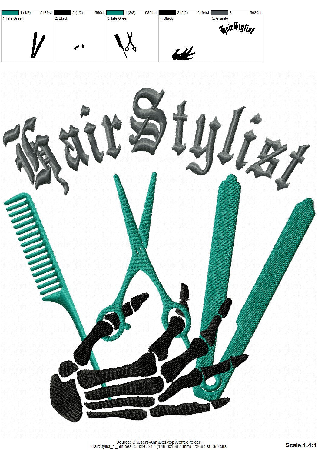 Hairstylist Hairdresser Bone Hand – Sizes 4" 5" 6" 7" 8" 10" Digital Embroidery File | Artapli