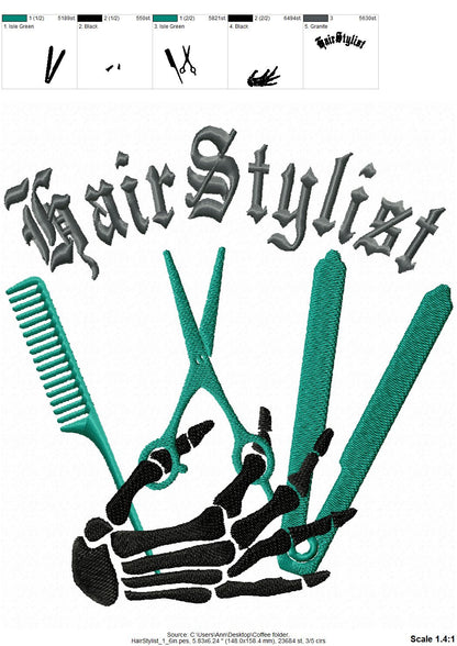 Hairstylist Hairdresser Bone Hand – Sizes 4" 5" 6" 7" 8" 10" Digital Embroidery File | Artapli