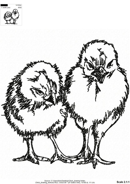 Easter Chick drawing silhouette fluffy Chicks line art sketch light stitch machine embroidery designs in sizes for hoop 4x4 and 5x7
