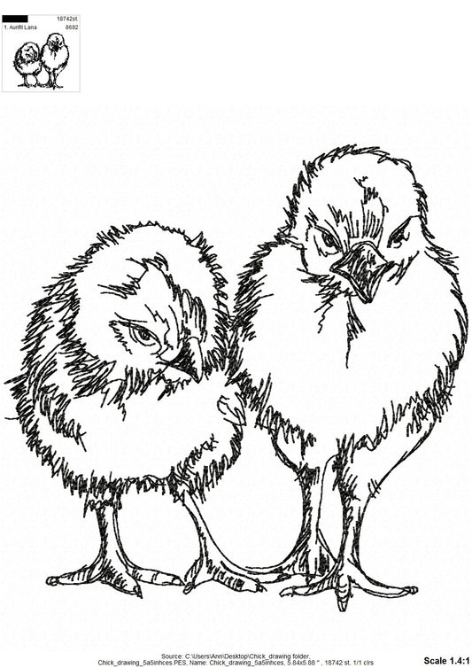Easter Chick drawing silhouette fluffy Chicks line art sketch light stitch machine embroidery designs in sizes for hoop 4x4 and 5x7