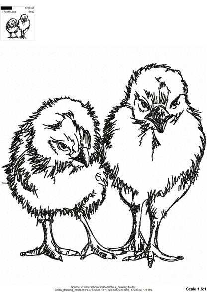 Easter Chick drawing silhouette fluffy Chicks line art sketch light stitch machine embroidery designs in sizes for hoop 4x4 and 5x7