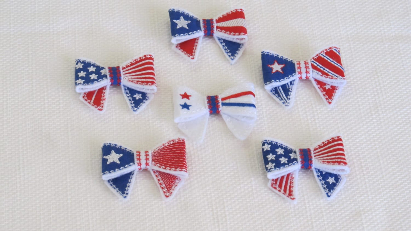 Patriotic Bow Set of 6 ITH Embroidery 2.5" 5" 7" | PES DST JEF | Artapli