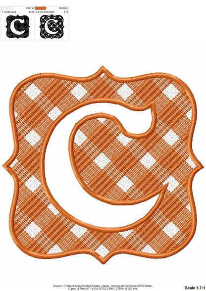 Embossed terry towel Monogram letters A-Z and gingham buffalo plaid Frame machine embroidery design