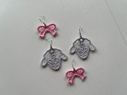 Lamb earrings Sheep face with a Bow lace earrings charm pendant FSL freestanding lace machine embroidery designs kids girl farm animal