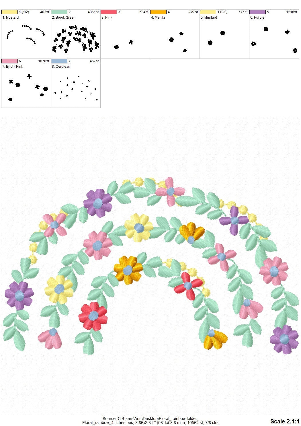 Floral rainbow embroidery design for kids flowers rainbow  machine embroidery design baby delicate rainbow embroidery pattern