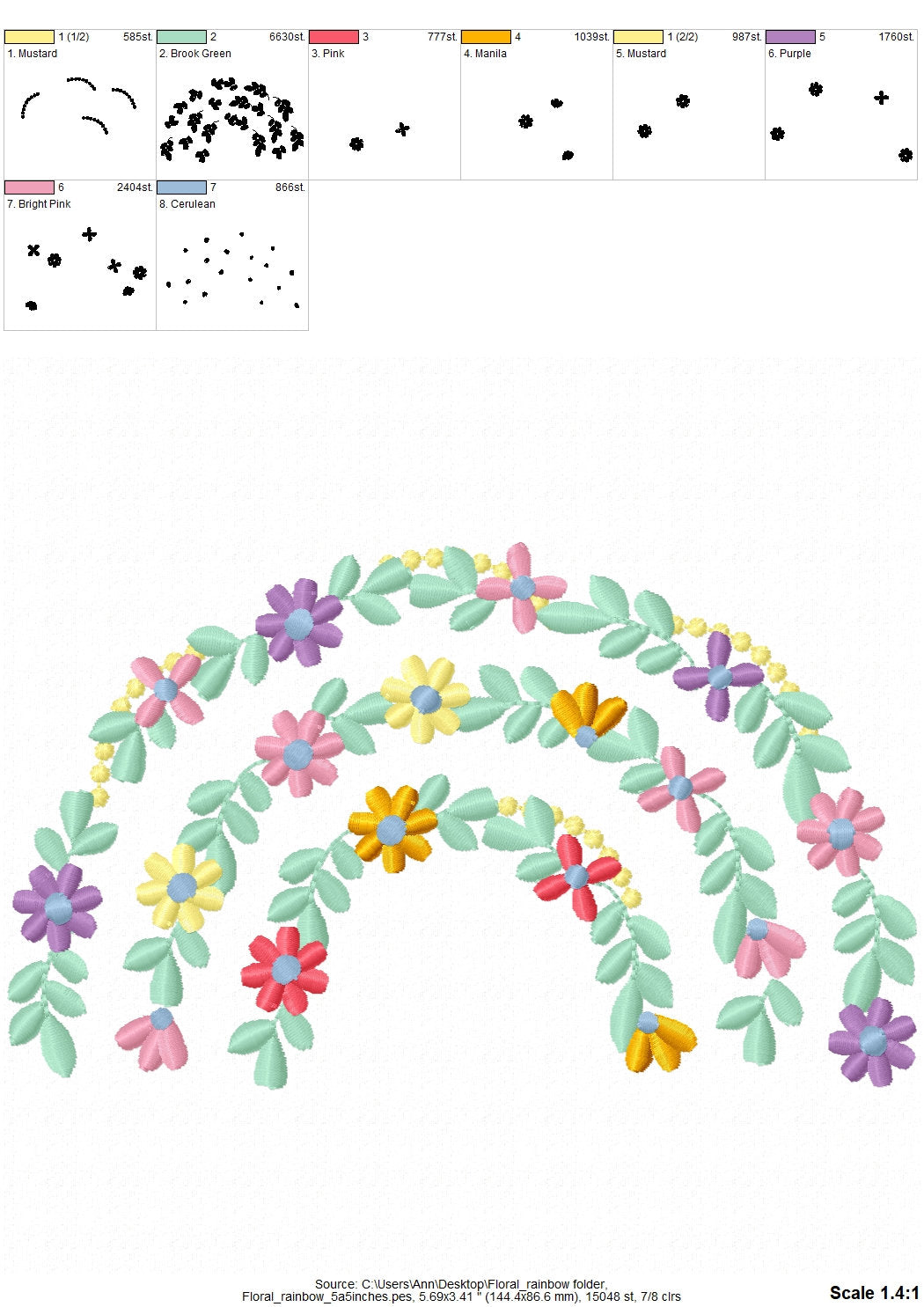 Floral rainbow embroidery design for kids flowers rainbow  machine embroidery design baby delicate rainbow embroidery pattern