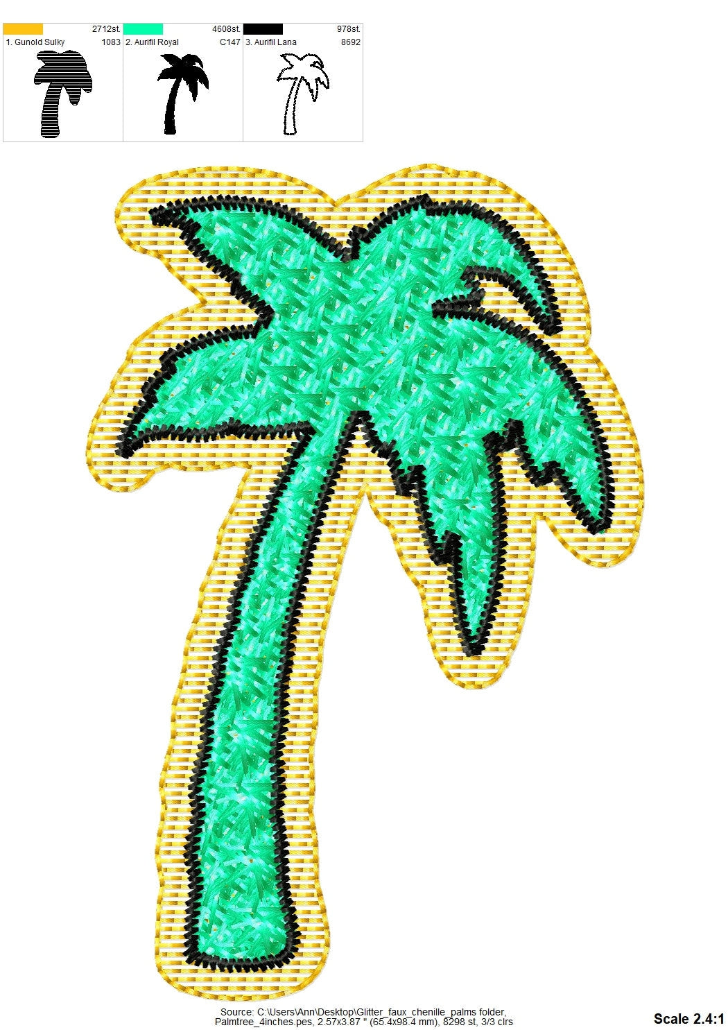 Palm tree faux patch with Faux chenille stitches and Glitter HTV scraps glitter vinyl machine embroidery designs glitter chenille font extra