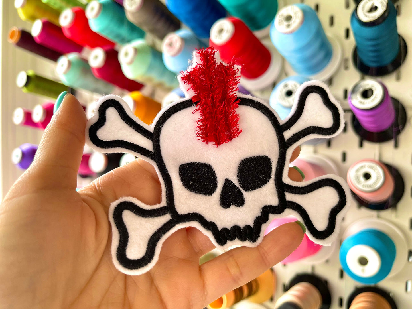 Punk Crossbones Skull Fringed Fluffy Applique Fringe Hair Skull Patch in the Hoop ITH Halloween Machine Embroidery Designs