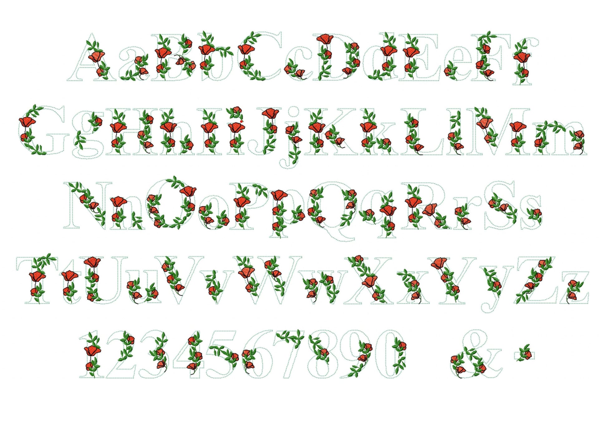 Light Poppy red Rose Floral Font Flower alphabet uppercase and lowercase letters initial monogram machine embroidery designs BX