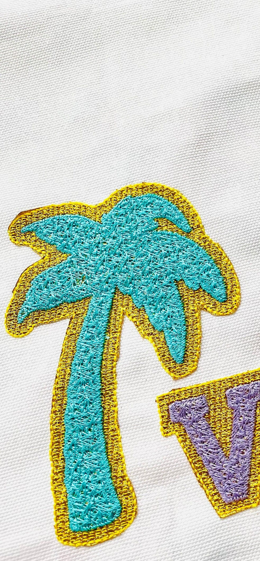 Palm tree faux patch with Faux chenille stitches and Glitter HTV scraps glitter vinyl machine embroidery designs glitter chenille font extra