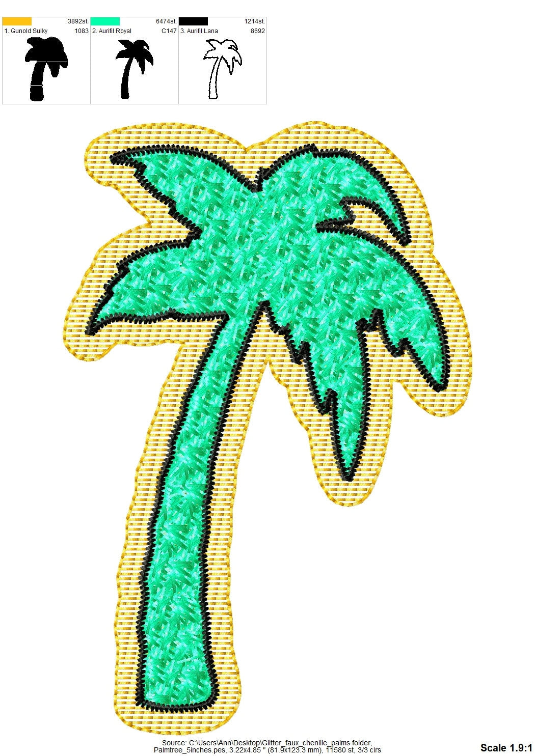 Palm tree faux patch with Faux chenille stitches and Glitter HTV scraps glitter vinyl machine embroidery designs glitter chenille font extra