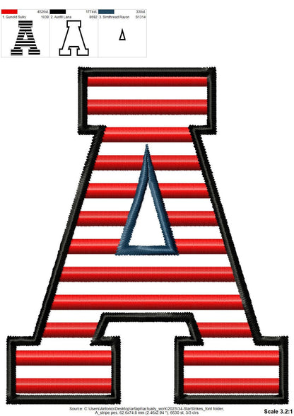 Patriotic Stars and Stripes Block Font – Holiday machine embroidery pattern by Artapli