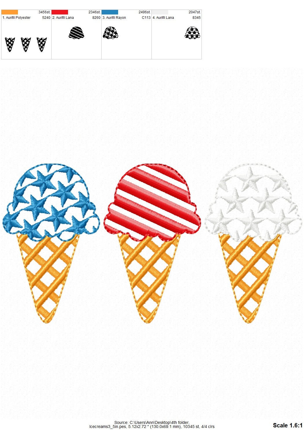 Patriotic ice cream waffle cones with Stars and Stripes 3 in a row machine embroidery designs Independence Day embroidery