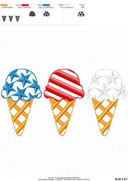 Patriotic ice cream waffle cones with Stars and Stripes 3 in a row machine embroidery designs Independence Day embroidery