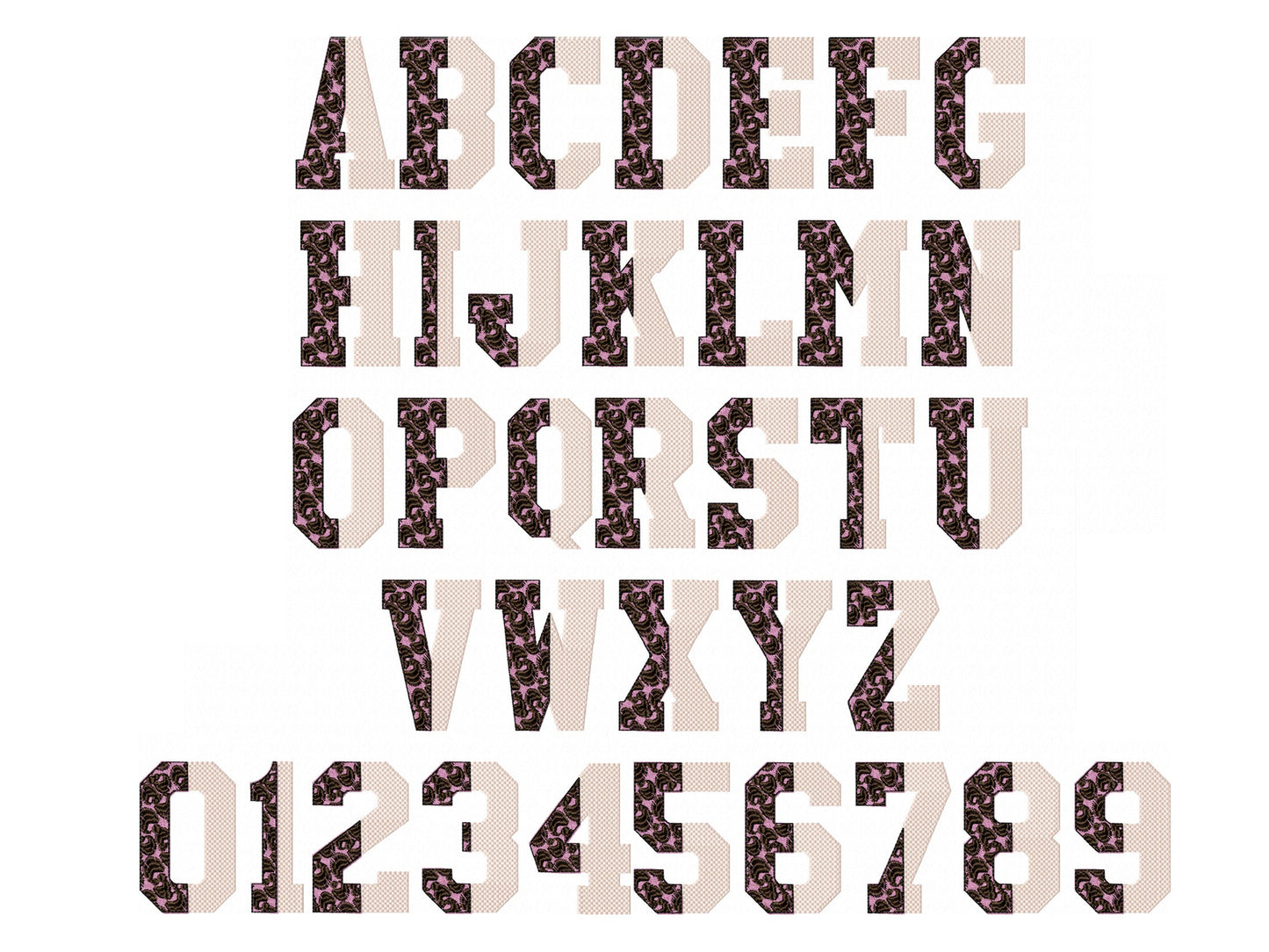 Vertical Split Font Leopard Spots and Waffle Fill Stitch Alphabet Monogram Machine Embroidery Designs Letters Numbers