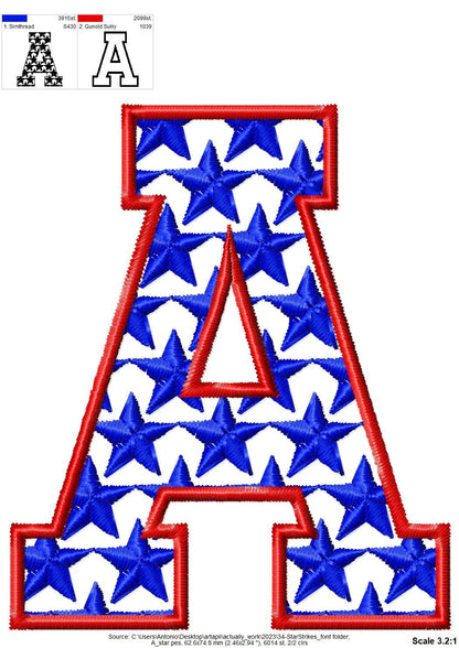 Patriotic Stars and Stripes Block Font – Font embroidery design instant download by Artapli