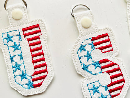 Patriotic 4th July American flag alphabet letters Key Fob Snap Tab ITH in the hoop machine embroidery designs hoop 4x4 5x7 keychain project