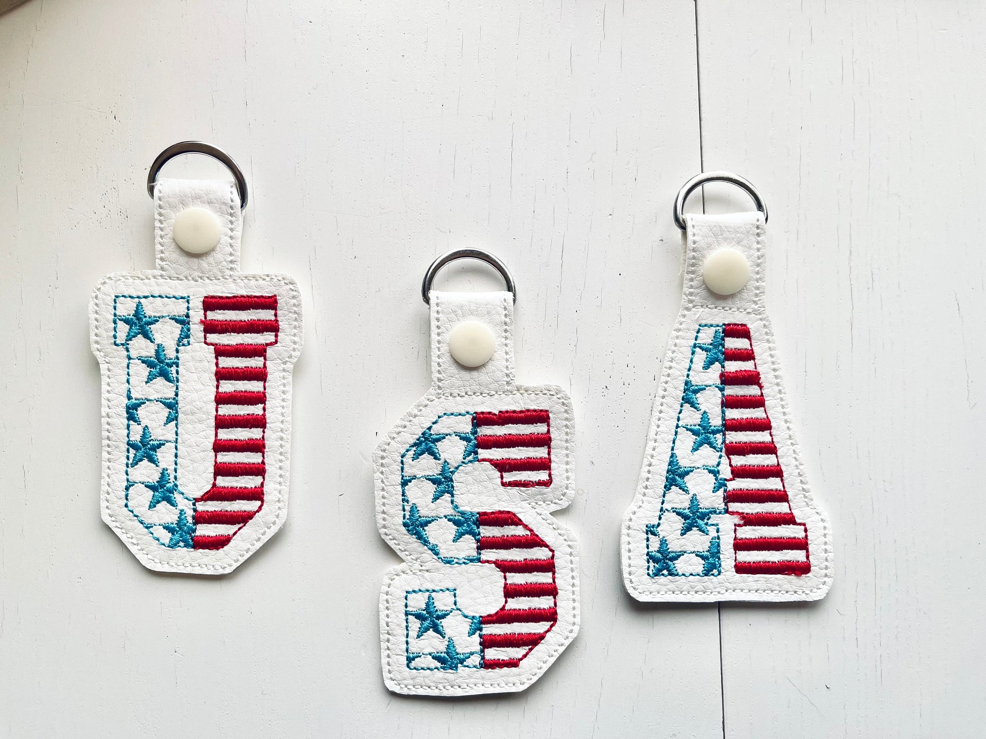 Patriotic 4th July American flag alphabet letters Key Fob Snap Tab ITH in the hoop machine embroidery designs hoop 4x4 5x7 keychain project