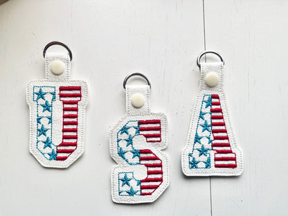 Patriotic 4th July American flag alphabet letters Key Fob Snap Tab ITH in the hoop machine embroidery designs hoop 4x4 5x7 keychain project