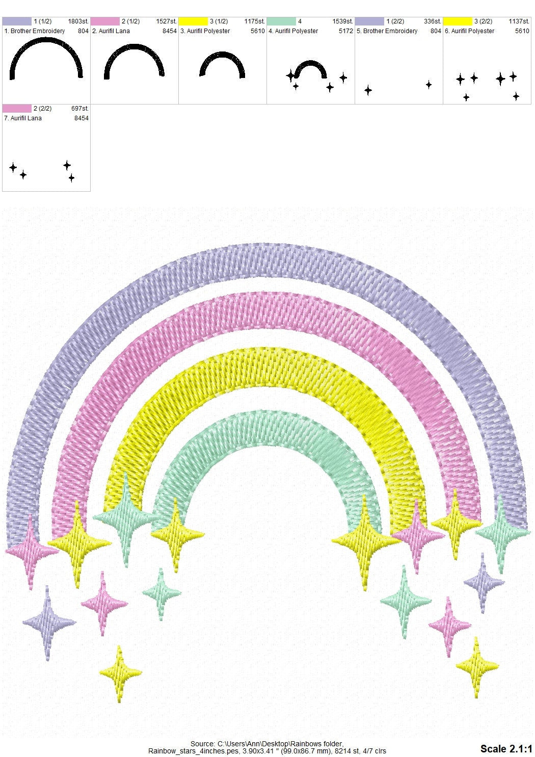 Fill stitch Rainbow falling stars starry rainbow with falling star cute kids girly delicate machine embroidery designs from 4 up tp 9 inches
