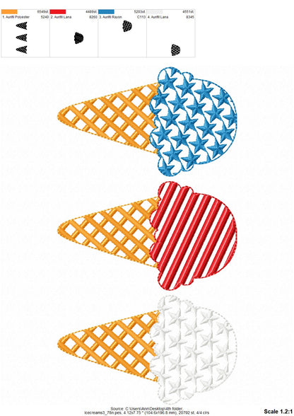 Patriotic ice cream waffle cones with Stars and Stripes 3 in a row machine embroidery designs Independence Day embroidery