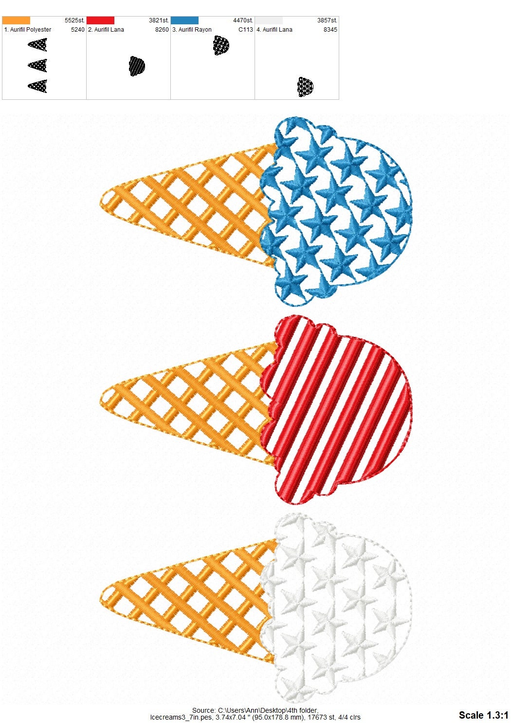 Patriotic ice cream waffle cones with Stars and Stripes 3 in a row machine embroidery designs Independence Day embroidery
