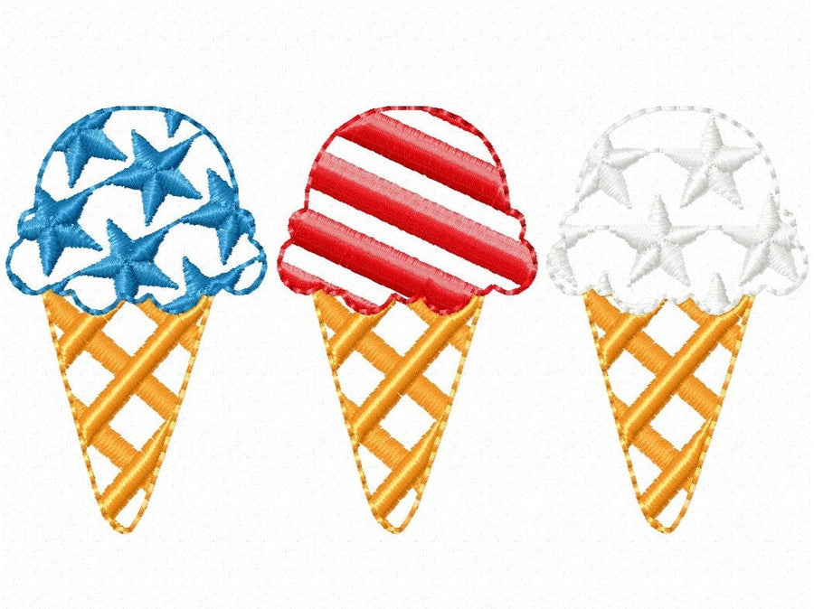 Patriotic ice cream waffle cones with Stars and Stripes 3 in a row machine embroidery designs Independence Day embroidery