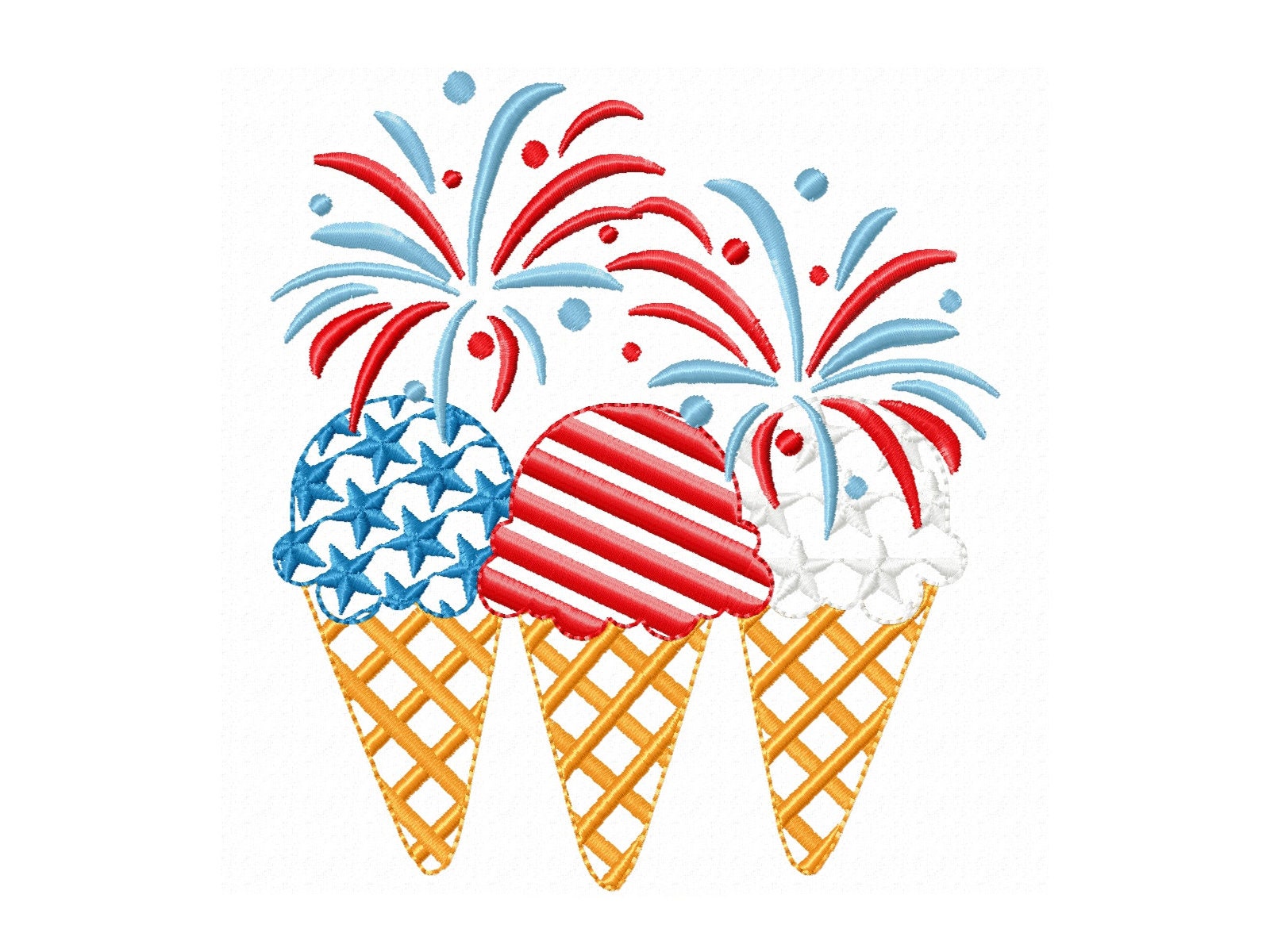 Patriotic Fireworks and 3 ice cream waffle cones in a row machine embroidery designs Independence Day