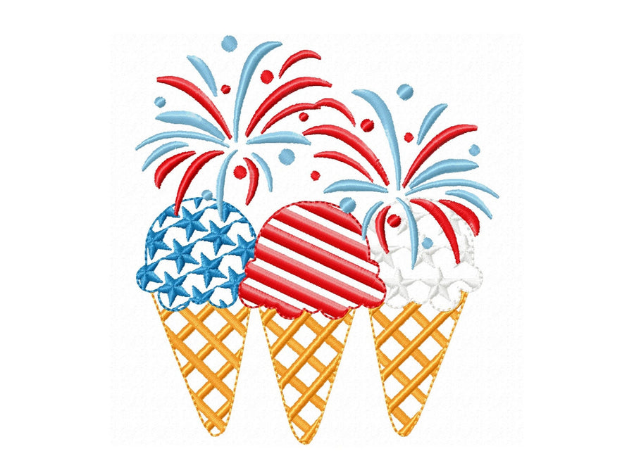 Patriotic Fireworks and 3 ice cream waffle cones in a row machine embroidery designs Independence Day